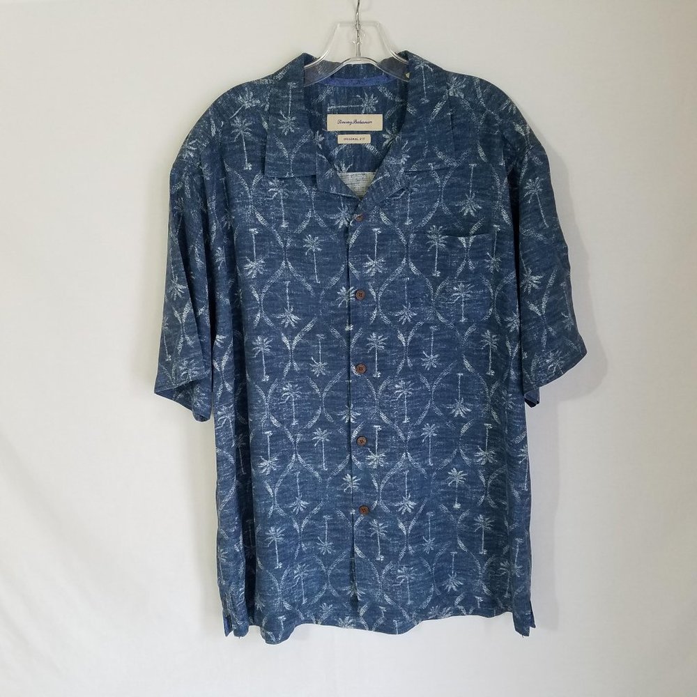Tommy Bahama 100% Silk Blue Palm Tree Hawaiian Shirt Mens Size Large